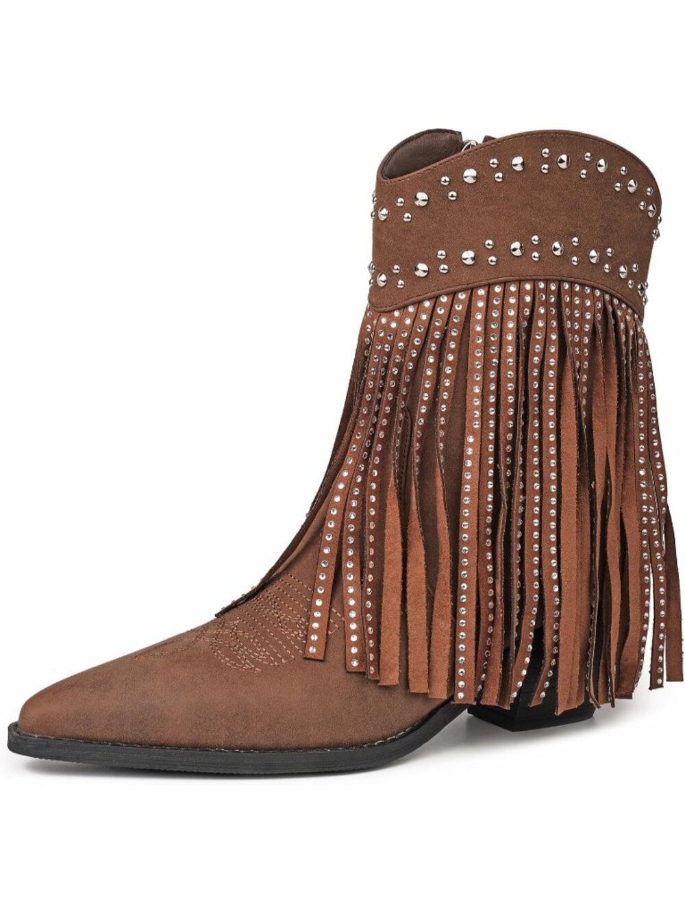 Women's Brown Faux Leather Pointed Toe Fringe Rhinestone Side Zipper Ankle Boots